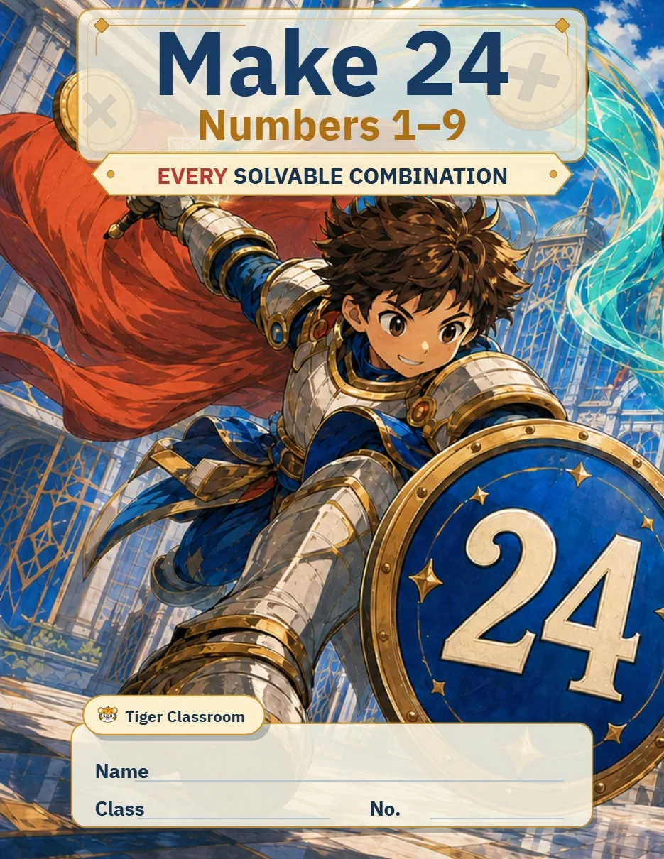 Make 24 Printable Math Puzzles: All Possible Solvable Sets, Numbers 1–9