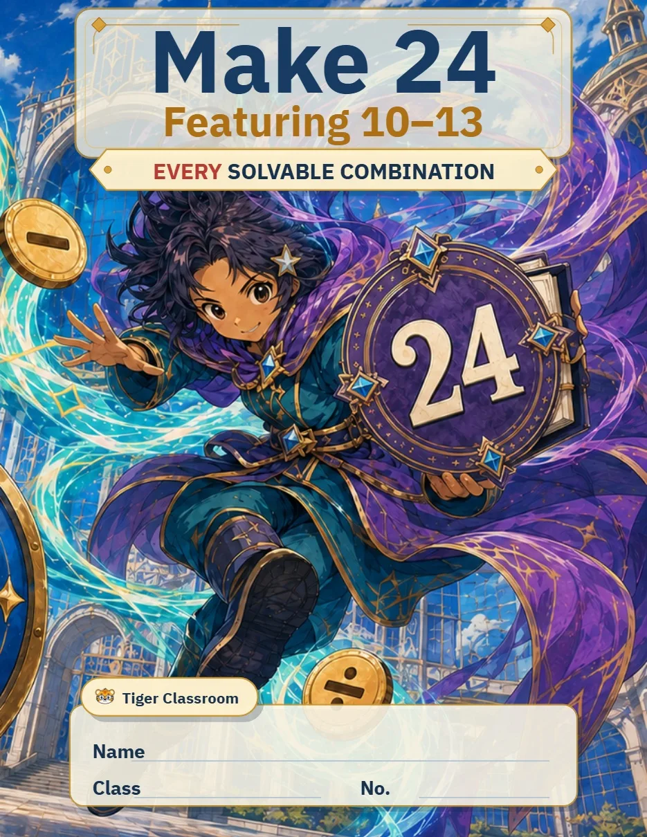 Make 24 Printable Math Puzzles: All Possible Solvable Sets Featuring 10–13