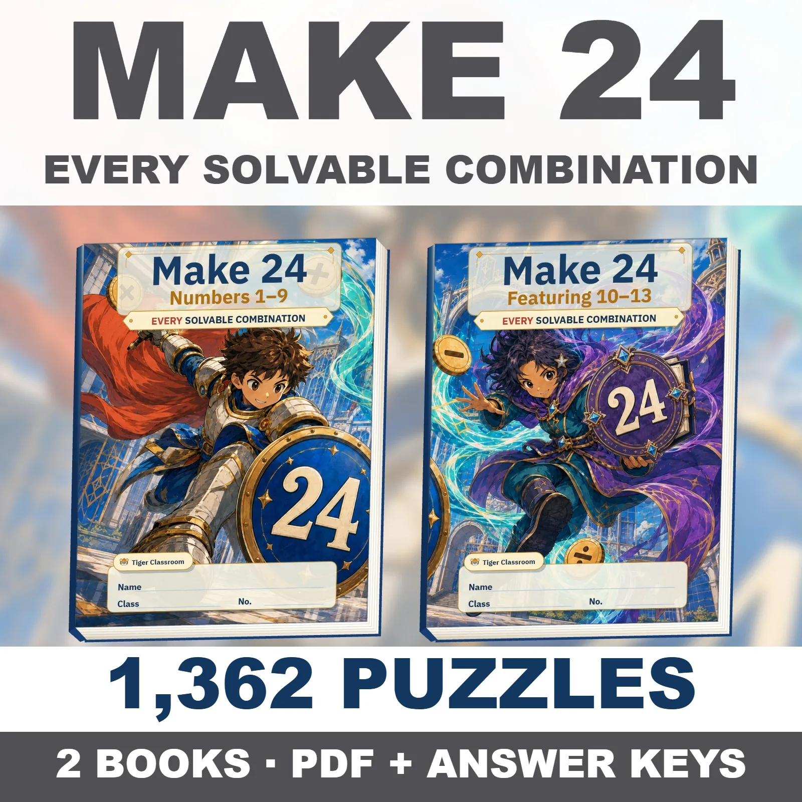 Make 24 Printable Math Puzzles: All Possible Solvable Sets, 1–13 Bundle — cover