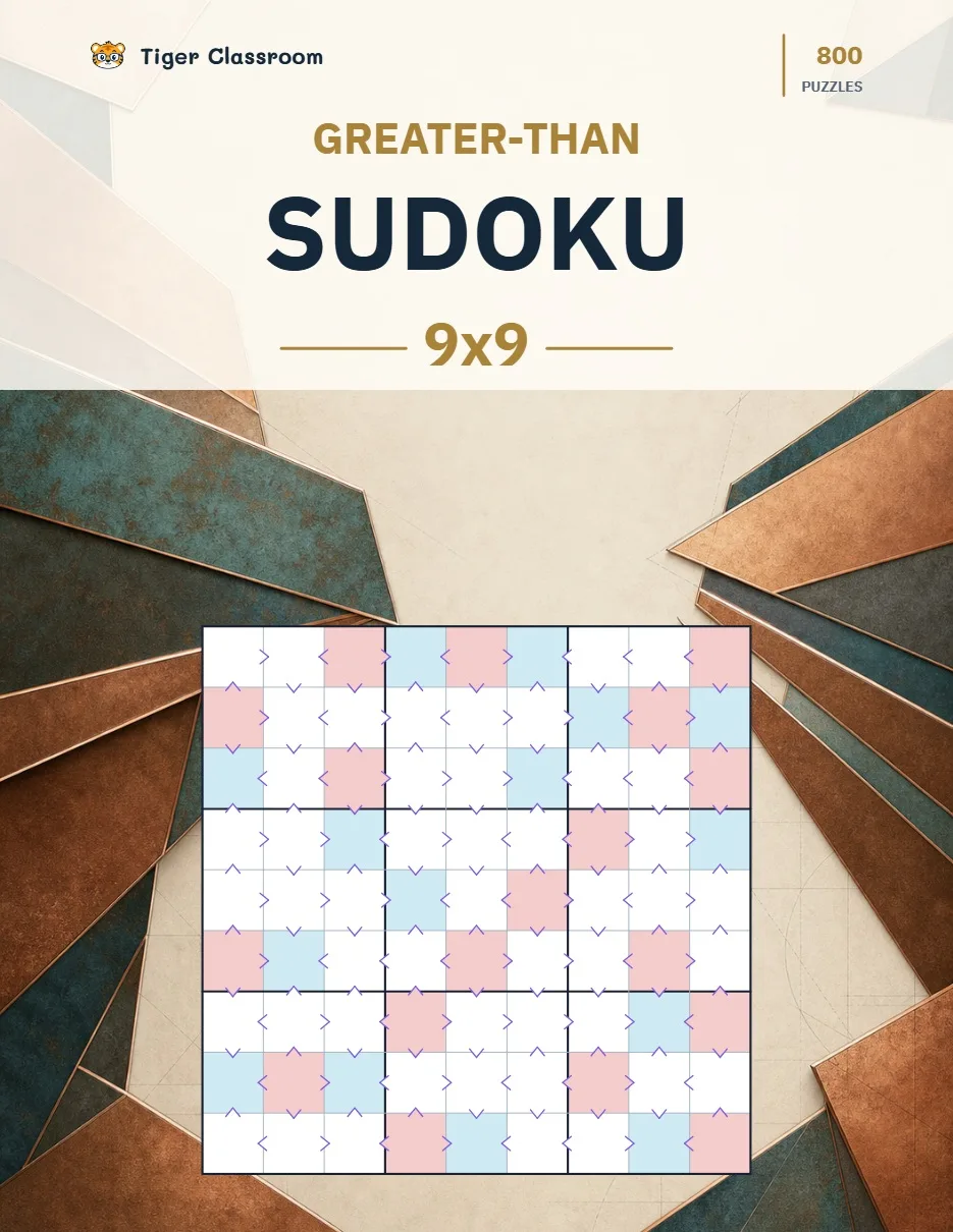Greater-Than Sudoku 9x9: 800 Printable Puzzles with Answers printable product cover